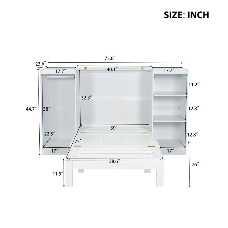 Twin Solid Wood Murphy Bed with Drawer, Built-In Wardrobe & 3-Shelf Bookcase