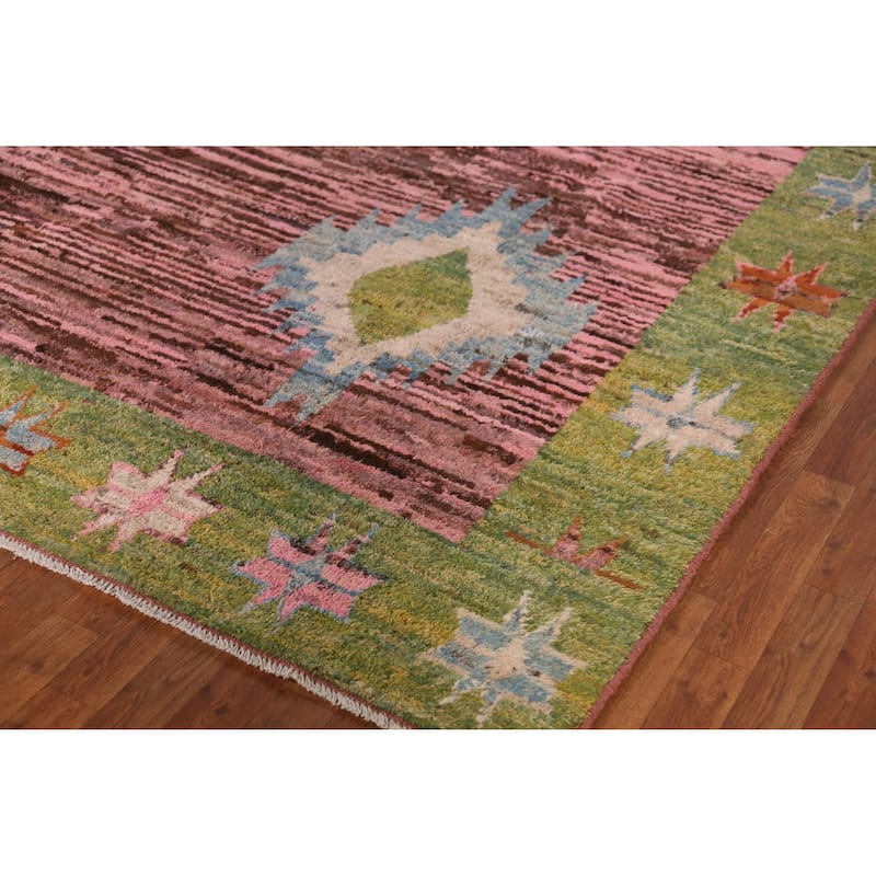 Pink Geometric Moroccan Oriental Rug Hand-Knotted Wool Carpet - 9'3" x 11'10"