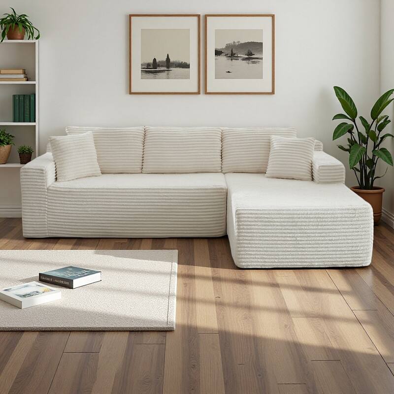 103.2" Corduroy L-Shaped Cloud Sectional Sofa with No Assembly Required, Deep-Seat Modular Sleeper - White