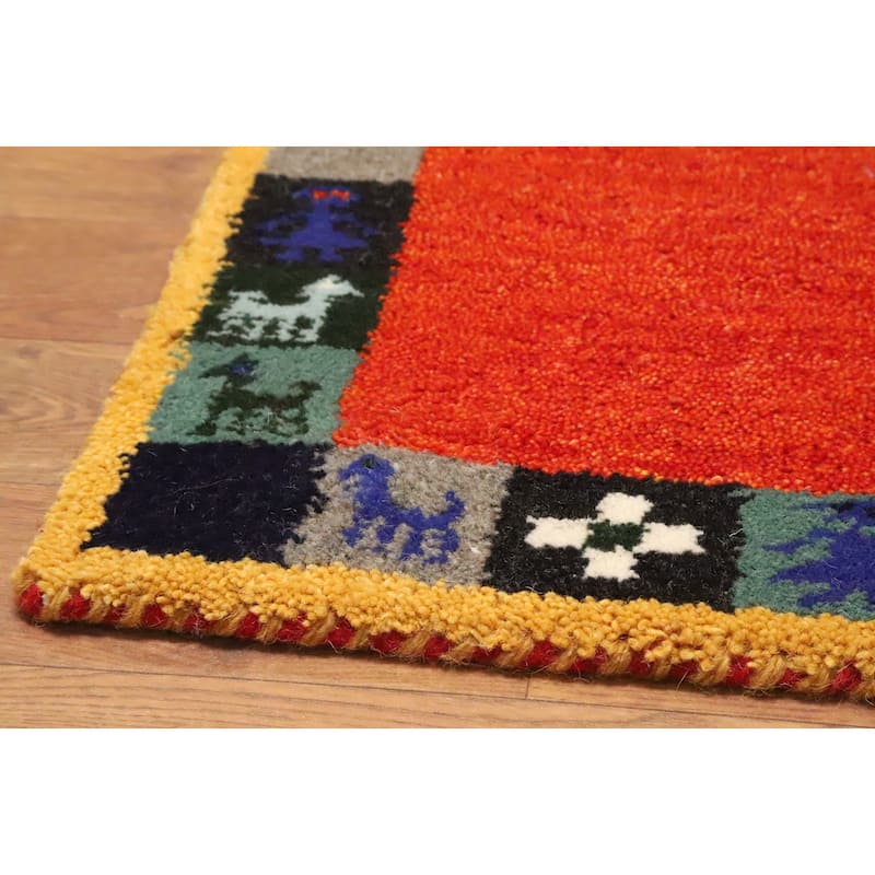 Hand Knotted Oriental 100% Wool Carpet Tribal Animal Pictorial Red Gabbeh Area Rug - 1' 4'' X 1' 4''