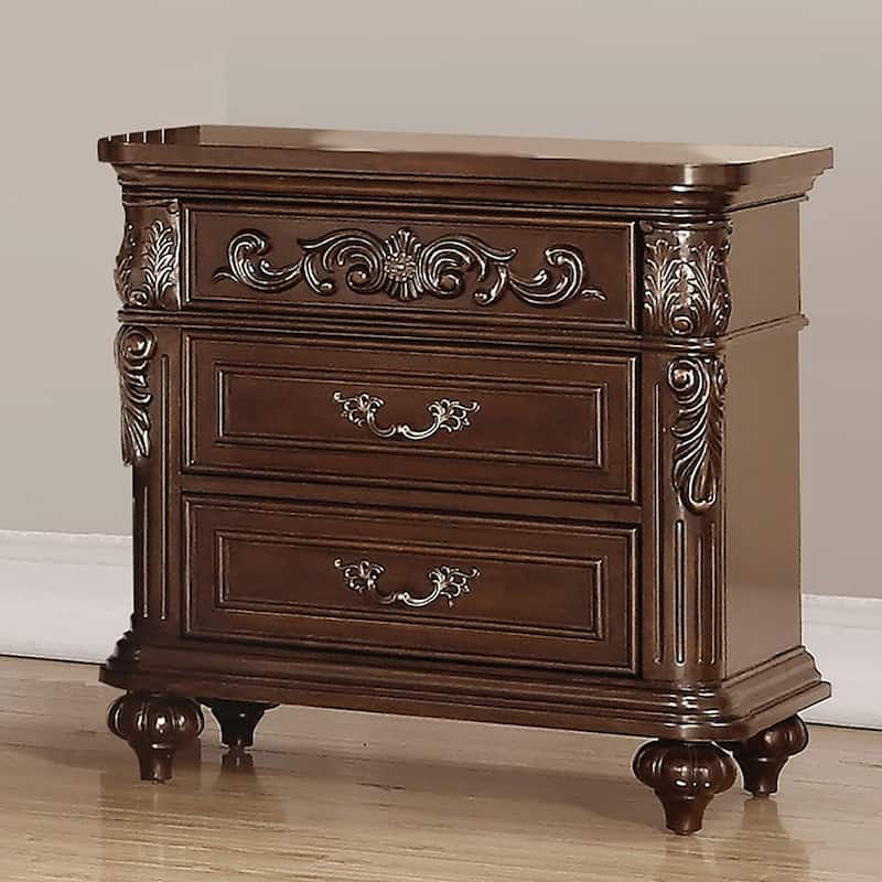 Traditional Antique 1pc Nightstand Bedroom Furniture Veneer 2-Drawers Hanging Pull Bedside Table - Walnut Brown