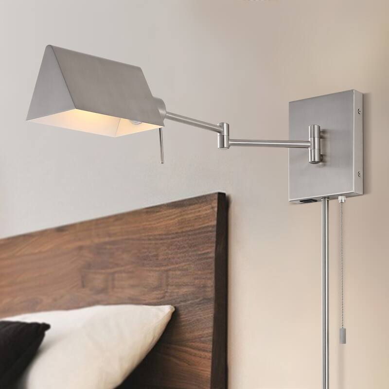 Curtis Farmhouse Swing Arm Plug-In or Hardwired Iron LED Wall Sconce with Pull-Chain with USB Charging Port, by JONATHAN Y