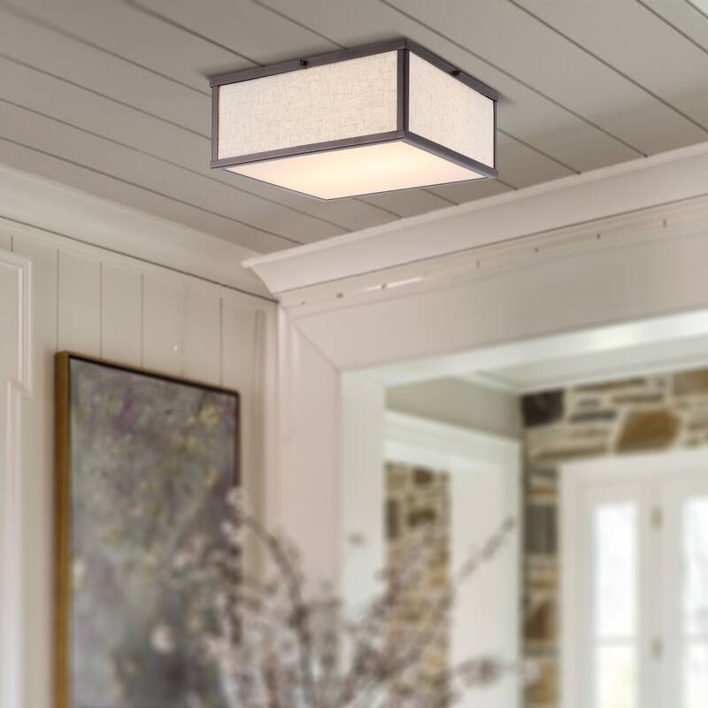 Cole 14.13" 2-Light Minimalist Industrial Square Linen Iron LED Flush Mount, Oil Rubbed Bronze/Beige, by JONATHAN Y