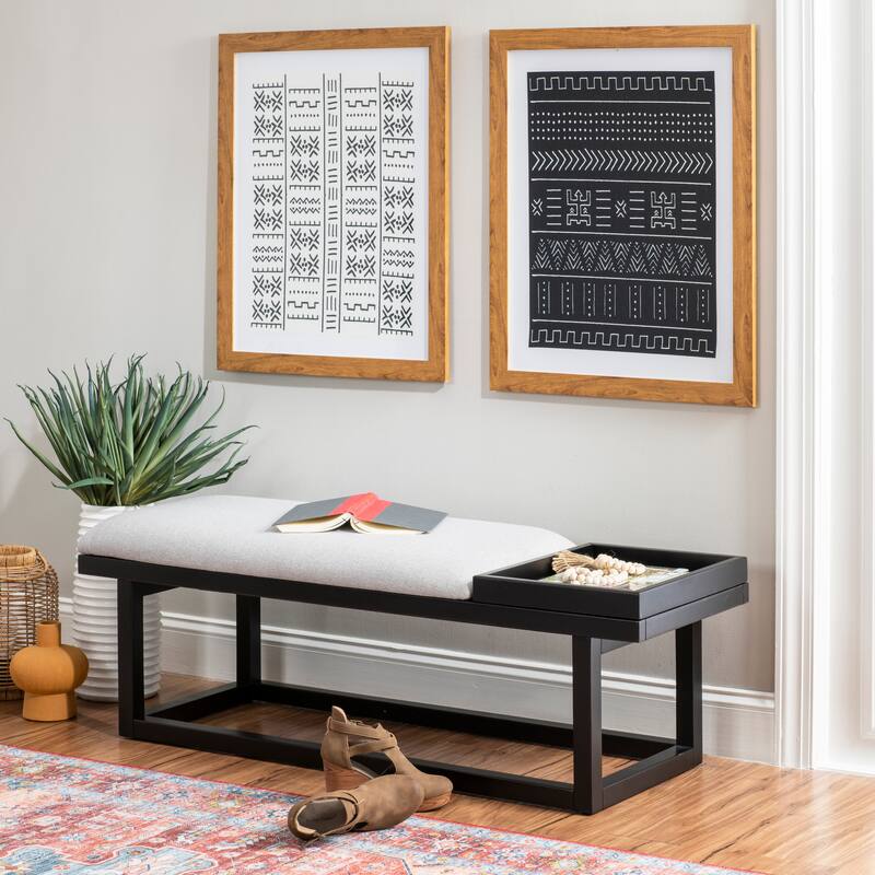 Aliza Upholstered Solid Wood Bench with Tray - Black/Grey