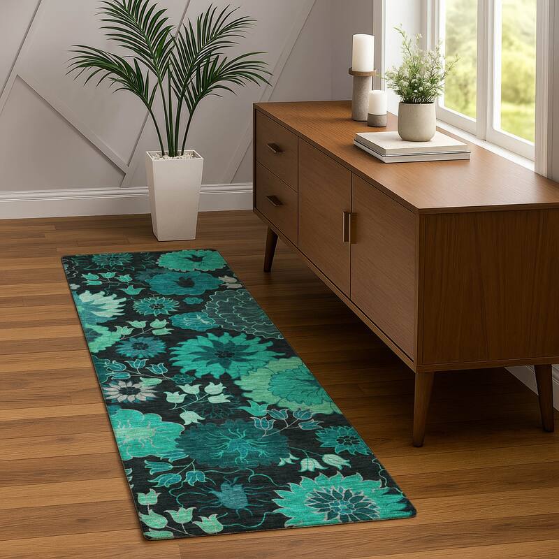 Machine Washable Indoor/ Outdoor Modern Floral Chantille Rug
