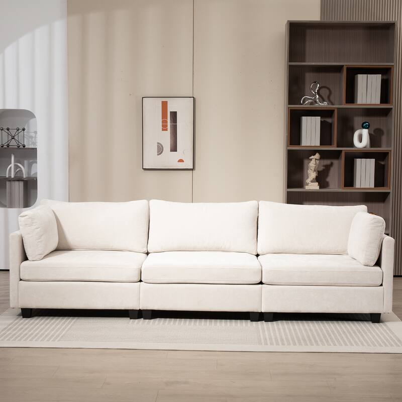 Chenille Upholstered 3 Seater Sofa, Cloud Sofa with 2 Pillows, Deep Seat Sofa with Storage Pocket for Living Room, Apartment