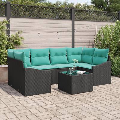 vidaXL 7 Garden Sofa Set with Cushions Black Poly Rattan - 92.1 x 48.6 x 27.2