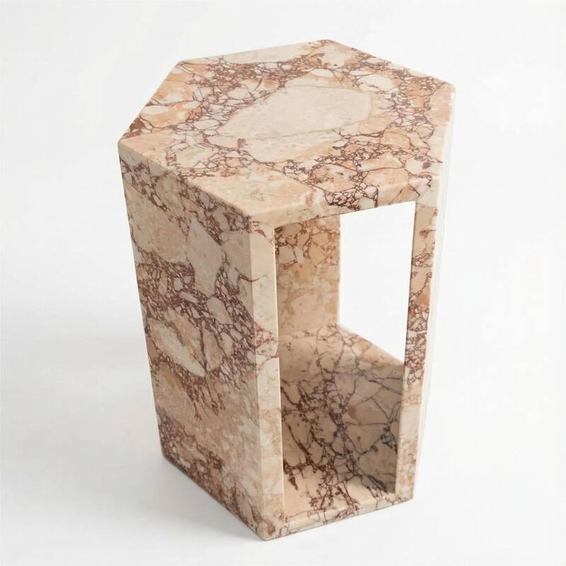 Roomfitters Luxury Natural Marble Hexagon Side Table, Solid Stone Geometric Pedestal End Table, Polished Finish