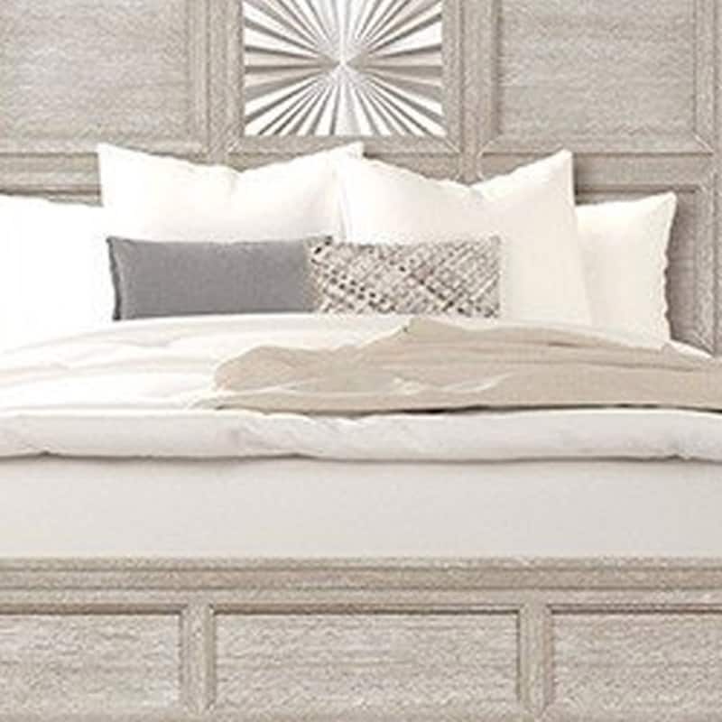 Diaz Queen Bed, Sunburst Pattern, Recessed Panel, Light Gray Wood