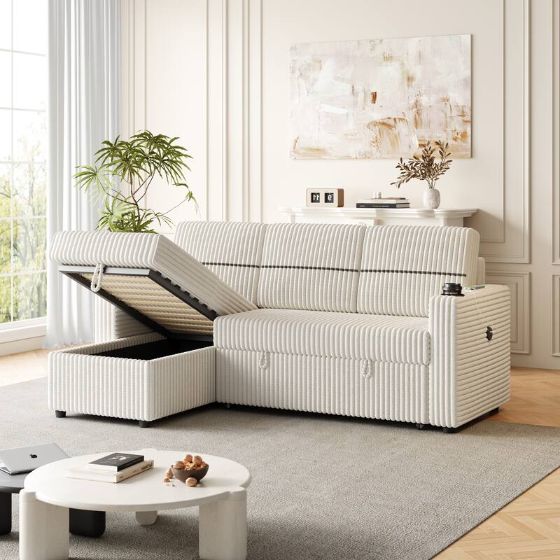 Corduroy Sleeper Sofa Bed with Storage Chaise, Dual Cup Holders, and USB Charging Port Convertible Couch for Living Room