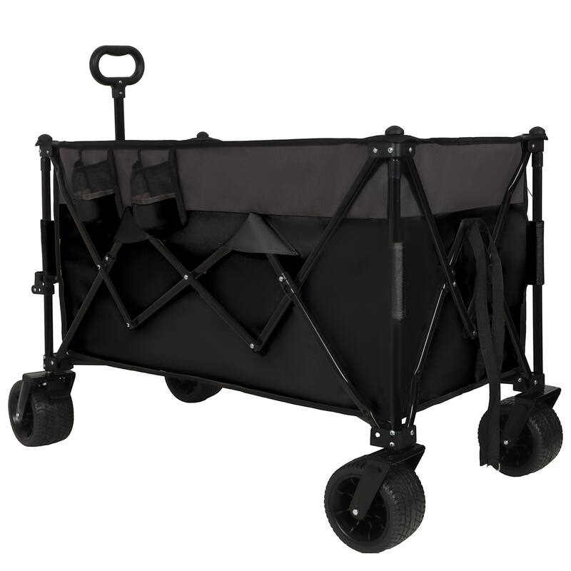 Extra Large 300L Tall Folding Wagon - 480lb Capacity with Brakes, Pockets & Drink Holders, Black & Gray