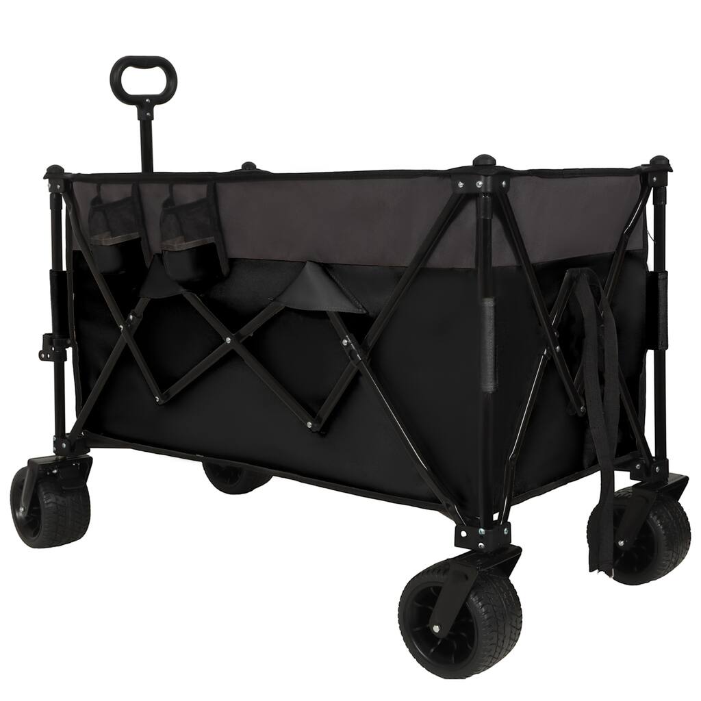 Extra Large 300L Tall Folding Wagon - 480lb Capacity with Brakes, Pockets & Drink Holders, Black & Gray