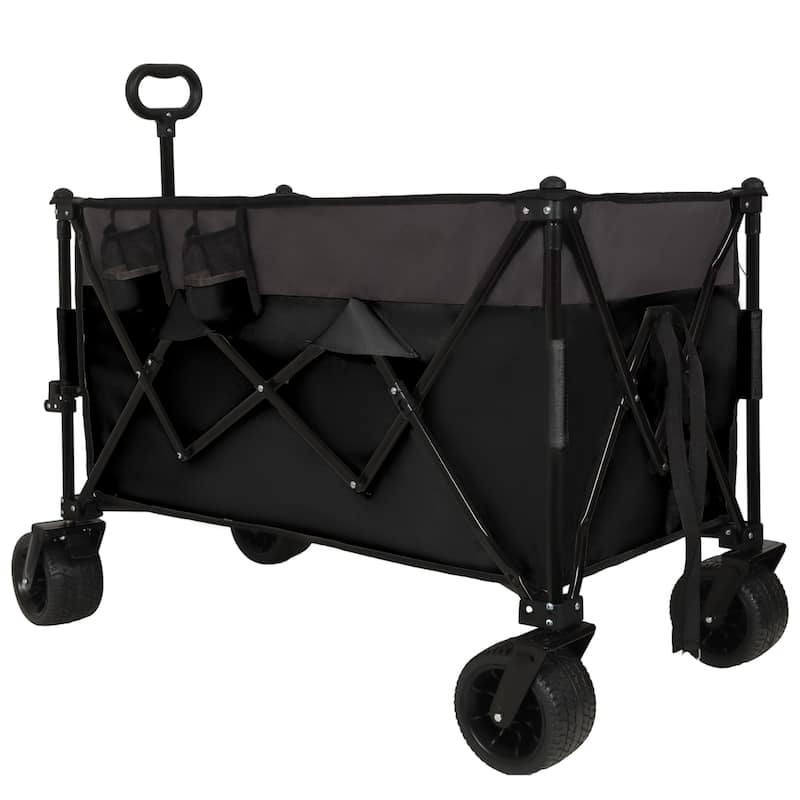 Extra Large 300l Tall Heavy-Duty Folding Wagon Cart With 480lbs Capacity-All-Terrain Wheels,Side Pockets,Brakes & Drink Holders - Black