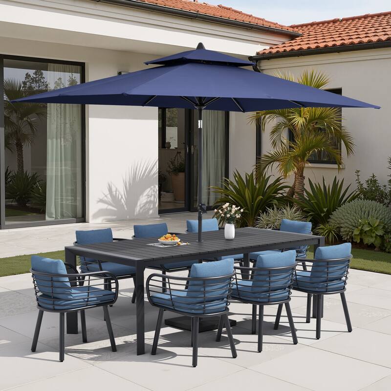 9/11-Piece Outdoor Patio Dining Set w/10 ft Umbrella and Base Aluminum Dining Table and Dining Chairs with Sunbrella Cushions