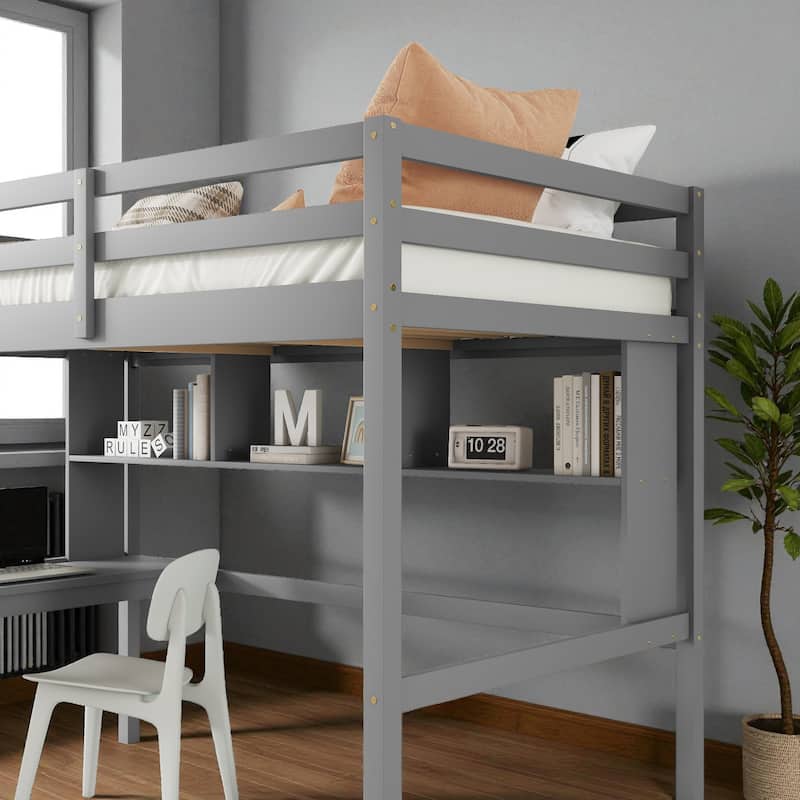 Twin Size Loft Bed with Desk and Shelves, Solid Pine Wood Frame with Guardrails and Built-in Ladder