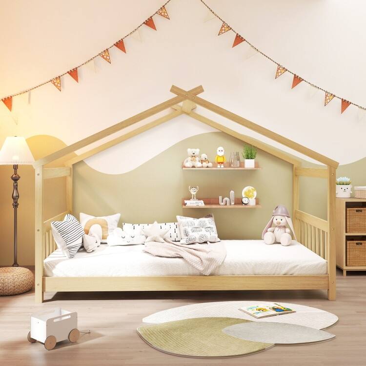 Twin House Bed Frame for Kids with Roof Design and Wood Slat Support