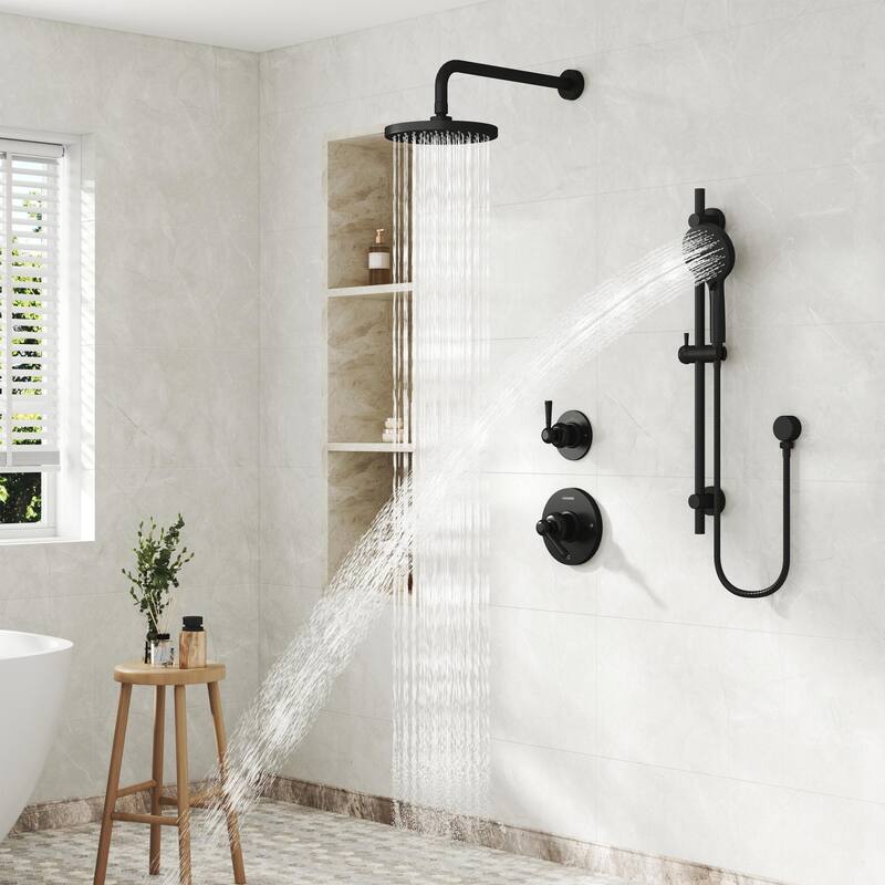 4-Spray Shower System with 8 in. Rainfall Shower Head, 3-Mode Handheld Shower, Pressure Balance Valve, and Adjustable Slide Bar