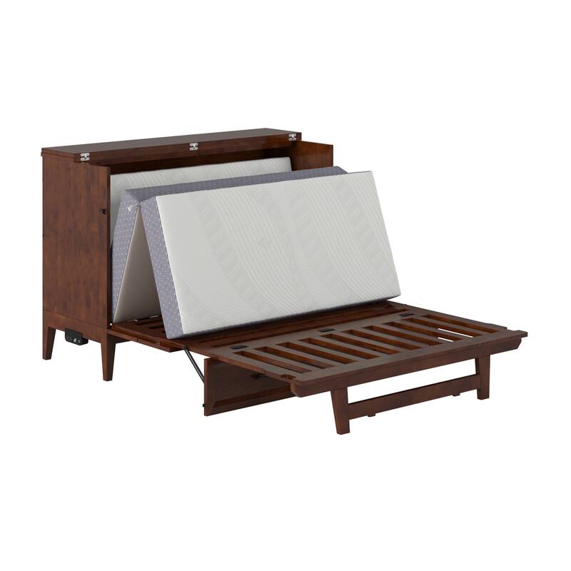 Solid Wood Murphy Bed Chest with Mattress & Charger - Full Size Walnut Finish