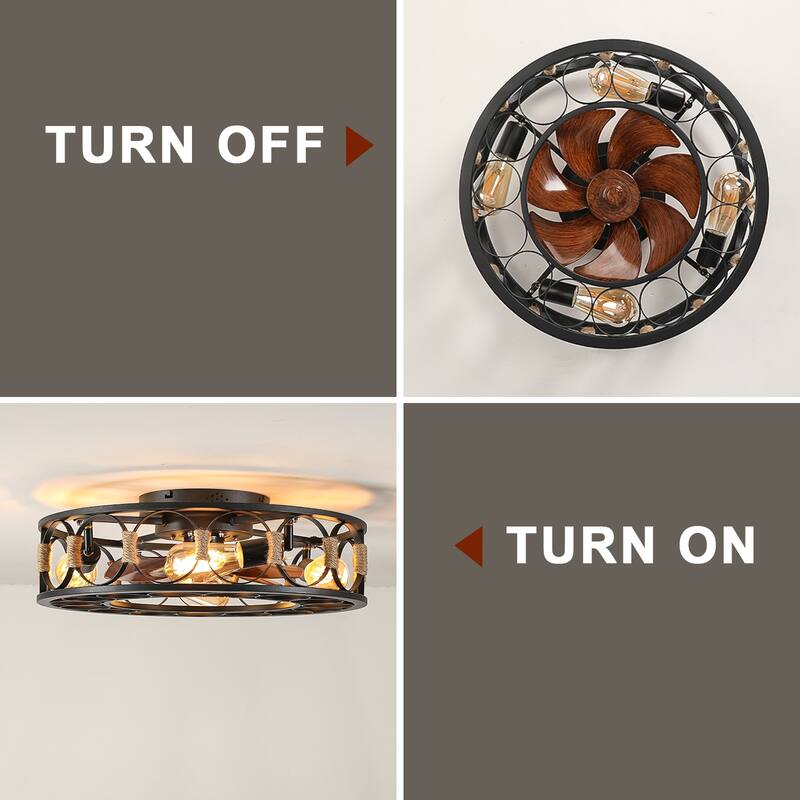 19.7 Inch Caged Ceiling Fan with Lights Remote Control, Low Profile Flush Mount Farmhouse Modern Ceiling fans - Black