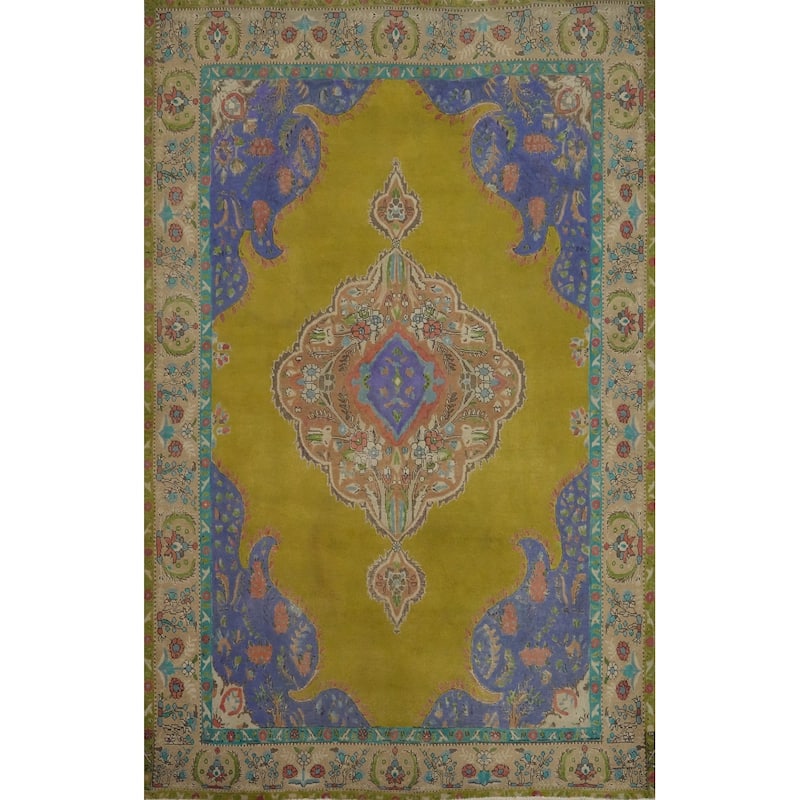 Hand Knotted Oriental 100% Wool Carpet Traditional Floral Green Tabriz Area Rug - 9' 10'' X 6' 11''