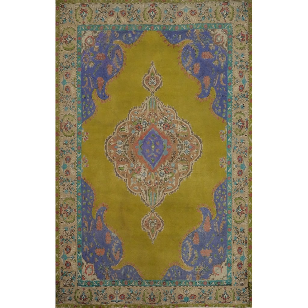 Hand Knotted Oriental 100% Wool Carpet Traditional Floral Green Tabriz Area Rug - 9' 10'' X 6' 11''