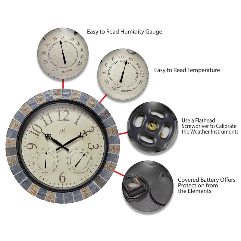Inca Indoor/Outdoor Stone 18 inch Wall Clock with Temperature/Humidity - 18 x 2.5 x 18