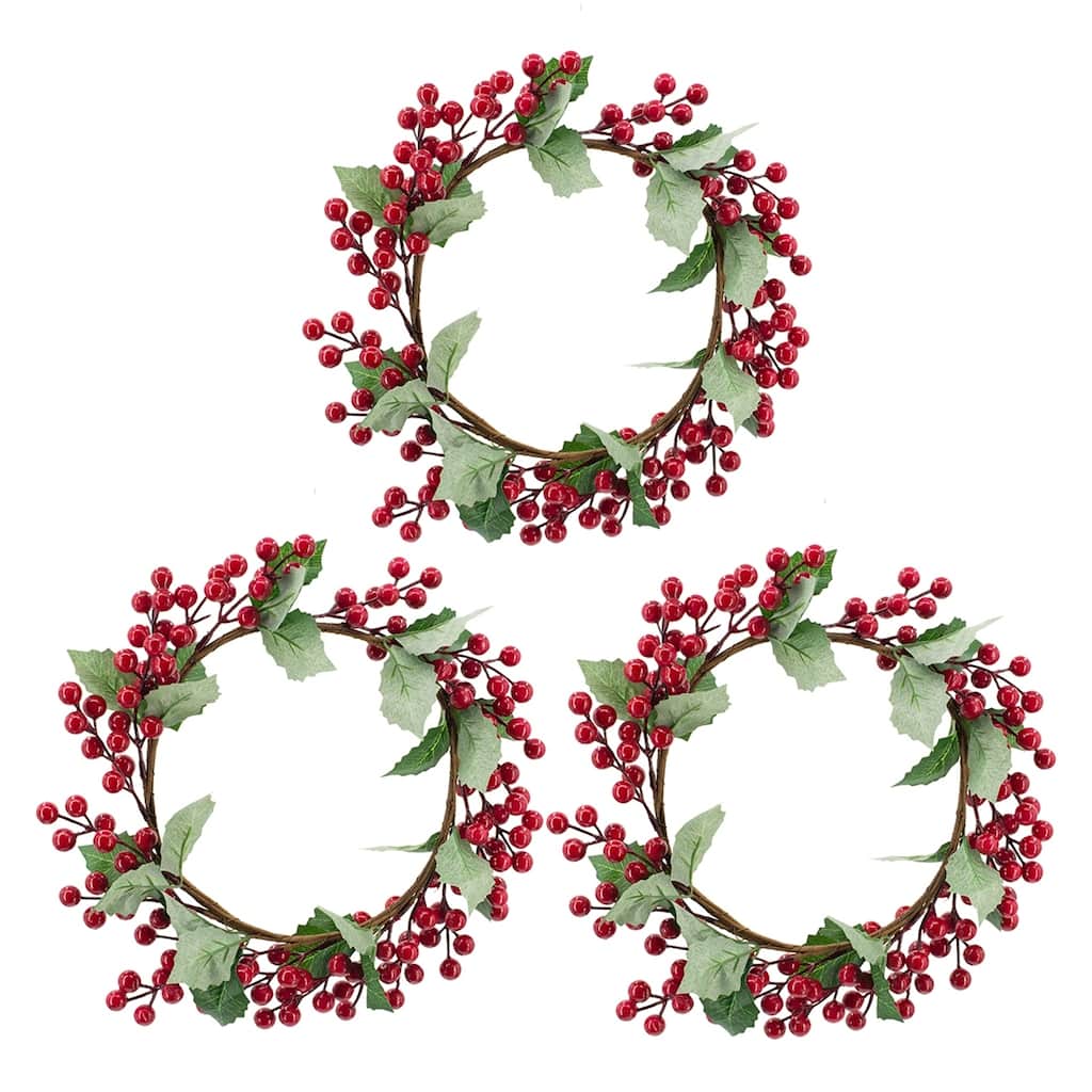 Anmytek Set of 3 13" Festive Red Berry & Holly Leaf Christmas Wreaths - Holiday Decor Accents