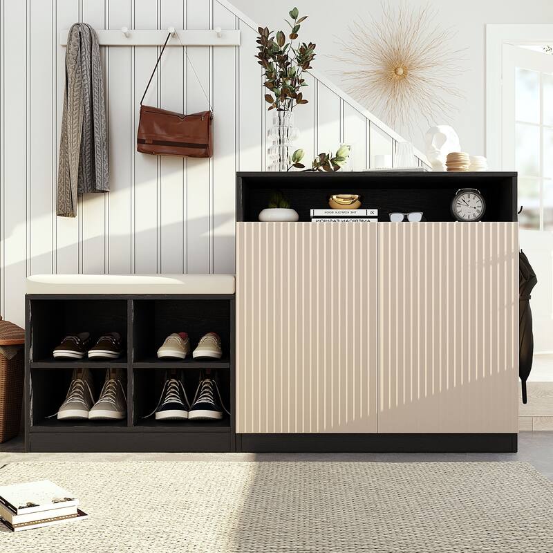 Livingroom Cabinet with Shoe Bench, 2 Doors and 3-Tier Adjustable Shelves, Entryway Bench with 4 Open Shoe Racks - Beige+Black
