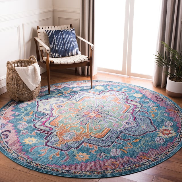 SAFAVIEH Crystal Floretta Vintage Boho Medallion Rug - 9' Round - Teal/Rose