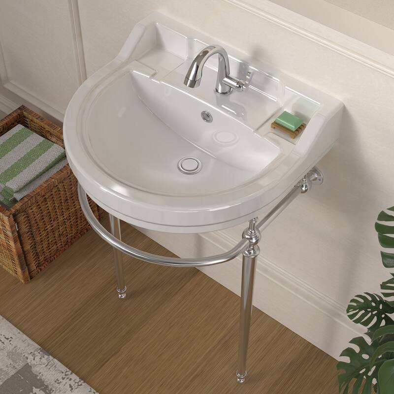 Whitehaus Console Sink With Semi-Circular Bowl, Metal Leg Supports and Front Towel Bar.