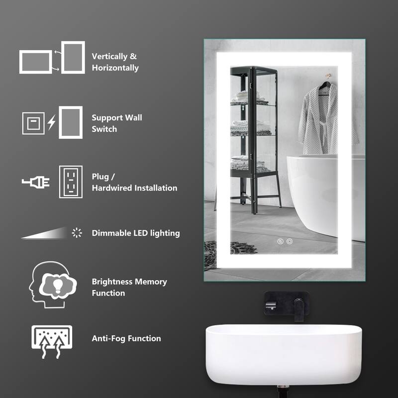 LED Bathroom Vanity Mirror Wall Mounted Anti-Fog Dimmable Mirror with 2 Buttons Vertical & Horizontal Hang