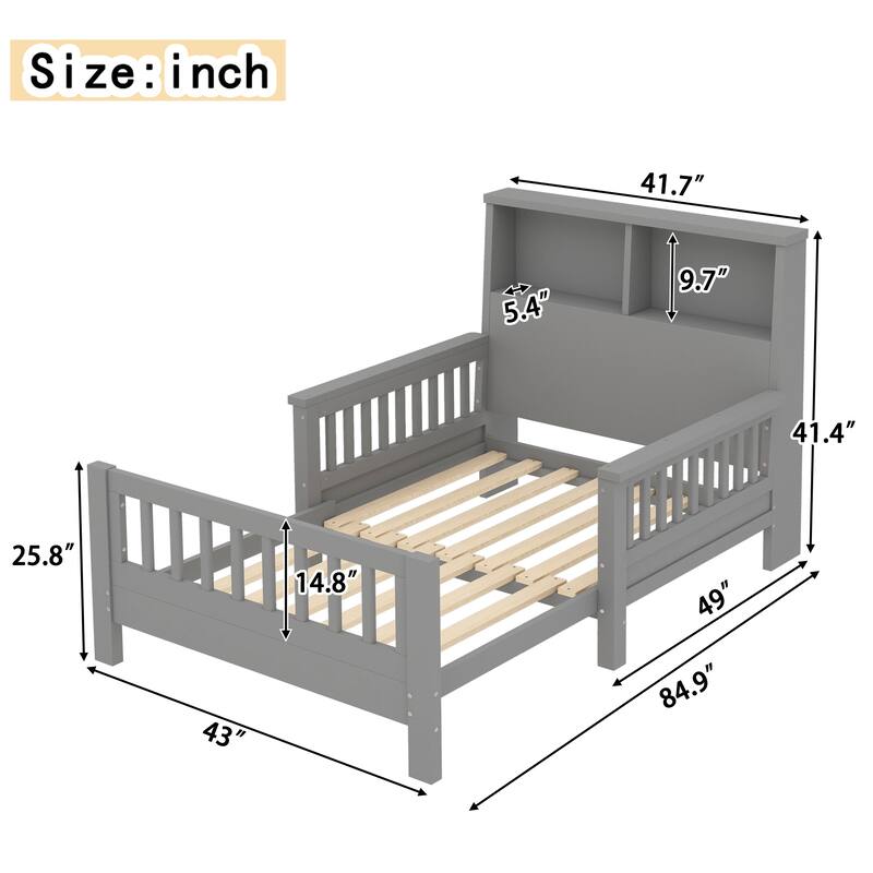 Pull Out Twin Size Platform Bed Converted into Baby Crib and Sofa with Storage Headboard and Removable Footboard