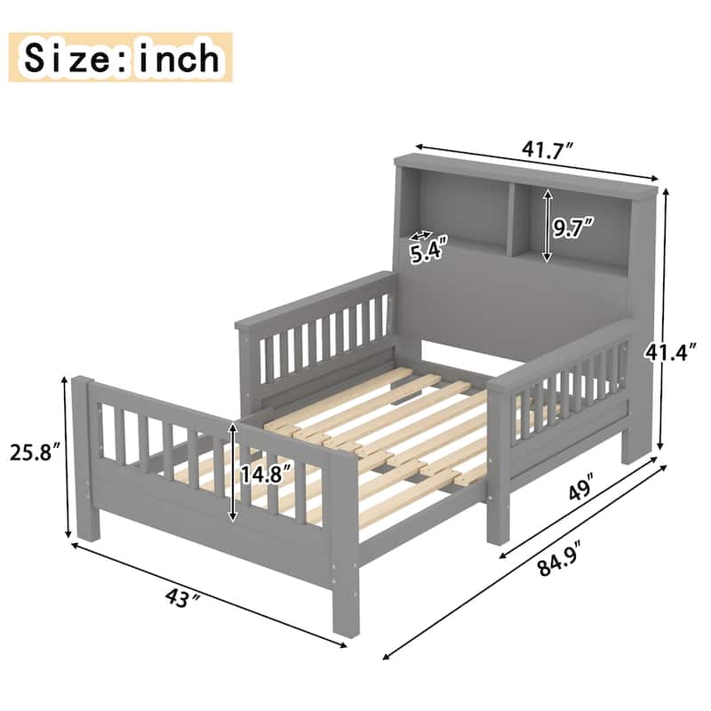 Twin Platform Bed with Storage Headboard, Safety Guardrails and Pull-Out Convertible Sofa/Playpen Design