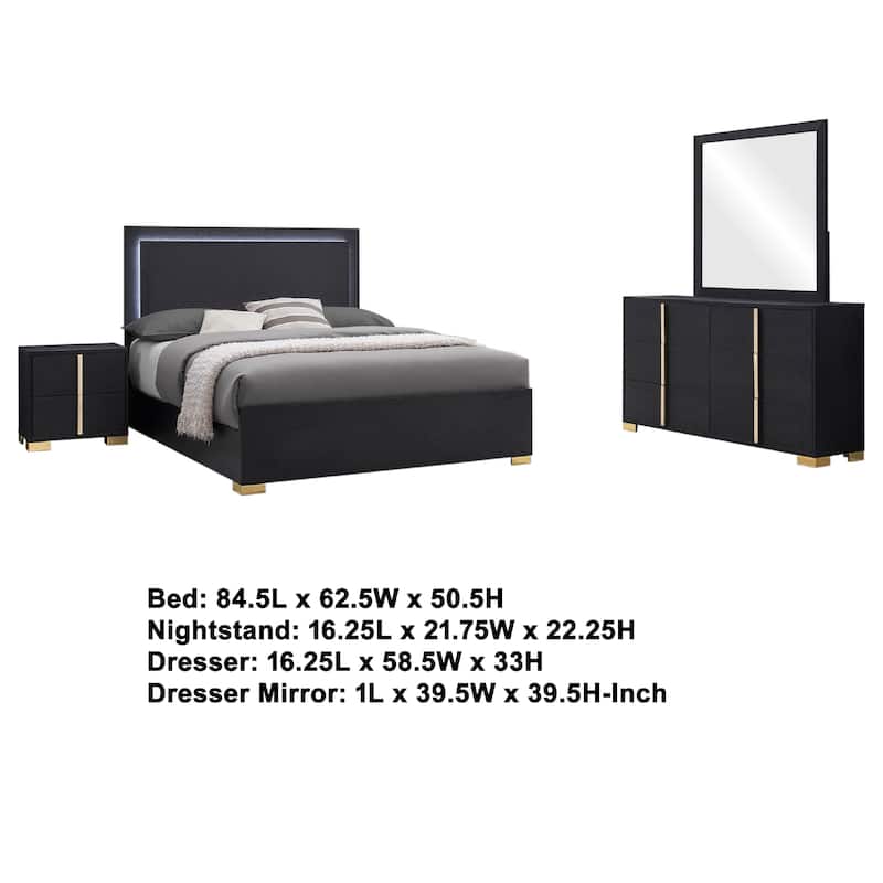 Dex 4pc Queen Bedroom Set with Modern LED Headboard, Mirror, Black