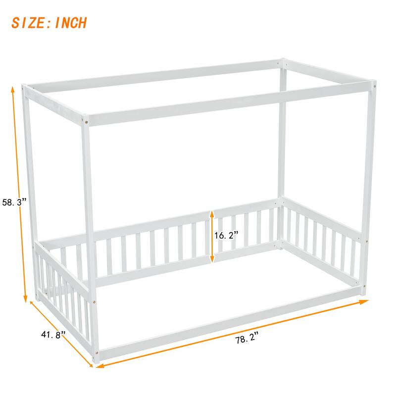 Twin Size Canopy Frame Floor Bed with Fence and Guardrails in White