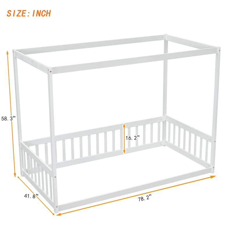 Wood Canopy Frame Floor Bed with Fence,Guardrails