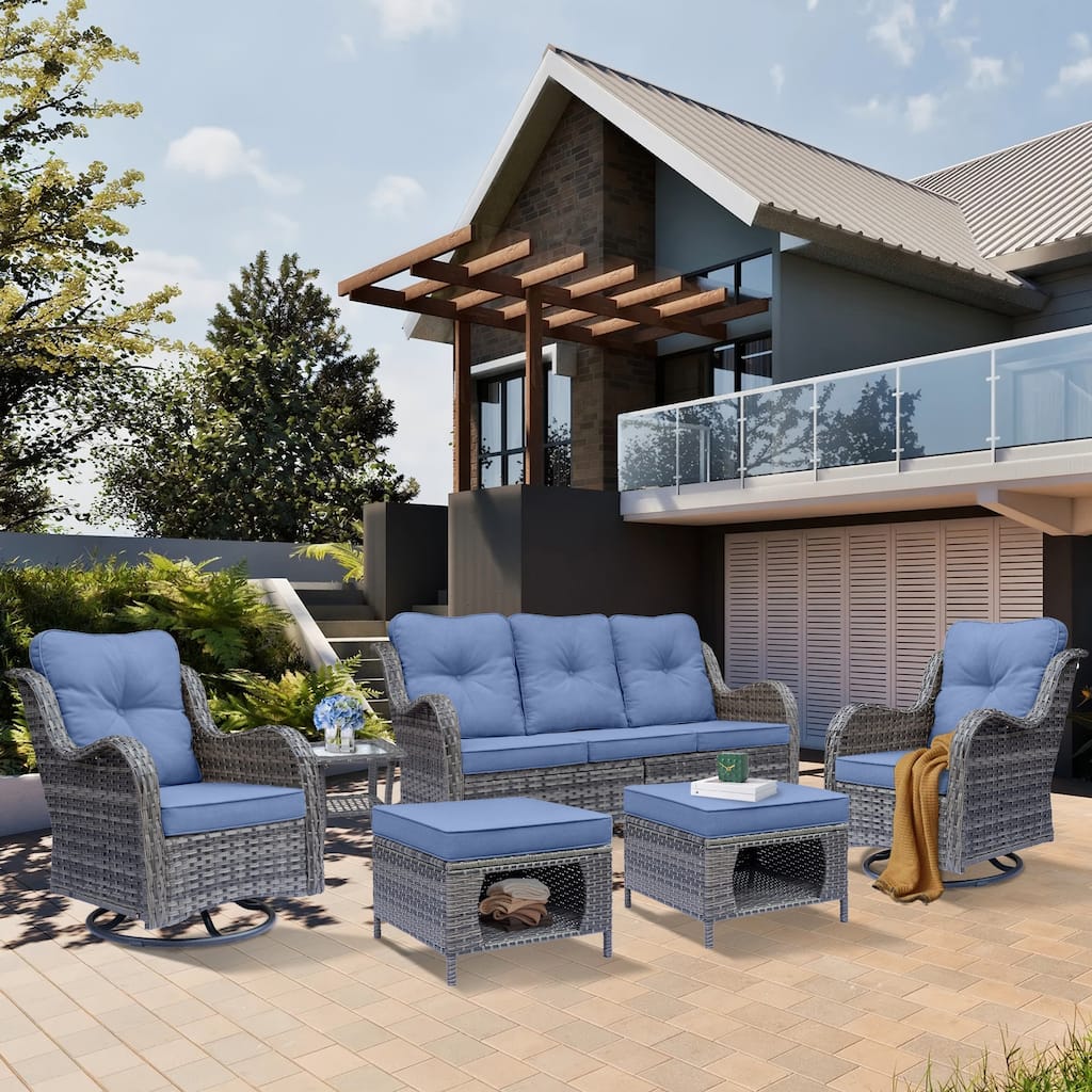 6 Piece Outdoor Wicker Patio Conversation Sofa Sets with Swivel Chairs