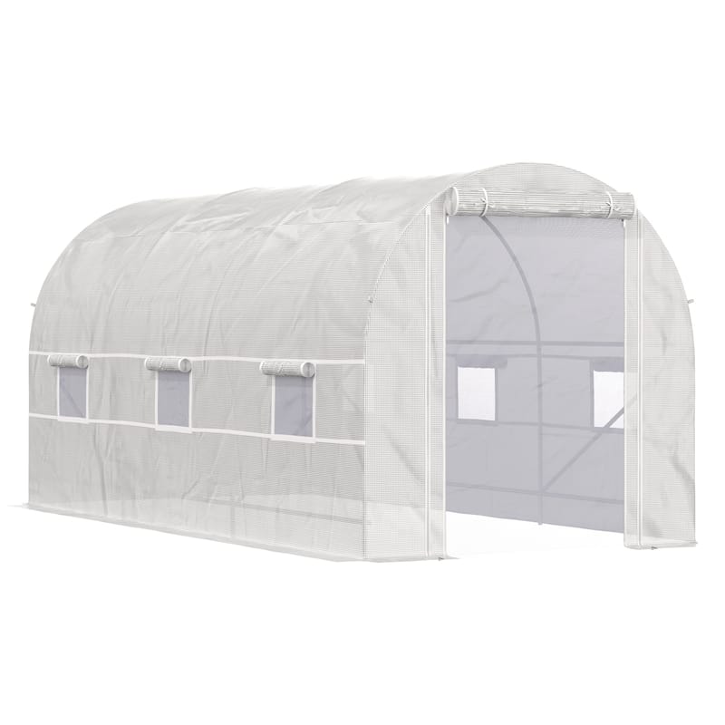 Large Walk-In Tunnel Greenhouse with Roll-Up Windows & Door, Steel Frame, Transparent Cover - White