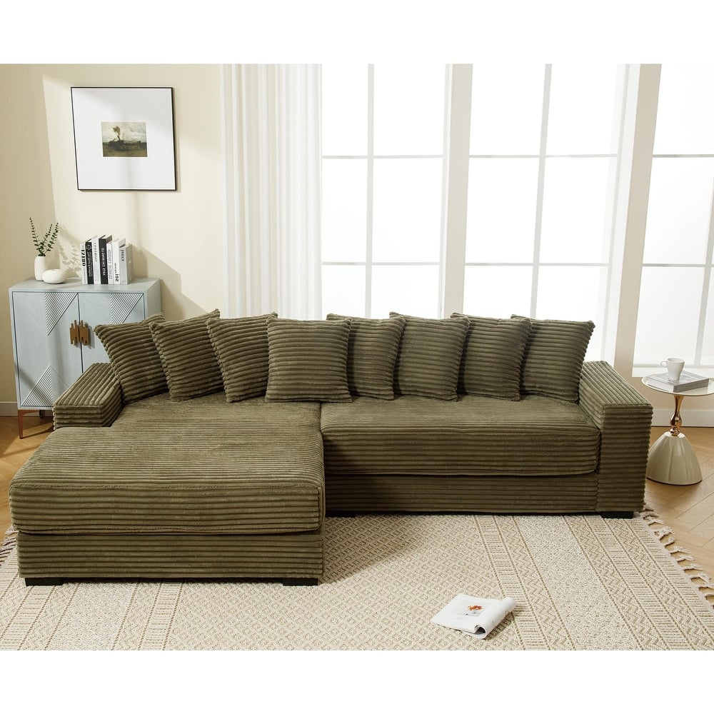 L Shaped Modular Sectional Sofa with Chaise, Oversized Corduroy Upholstered Sleeper Sofa, Floor Corner Sofa with Throw Pillows