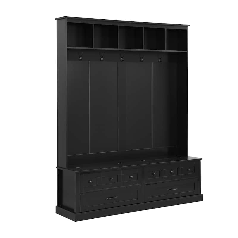 Roomfitters Elegant Wide Hall Tree with Lift-Top Bench, Wooden Mudroom Organizer with 5 Coat Hooks and 2 Storage Sections