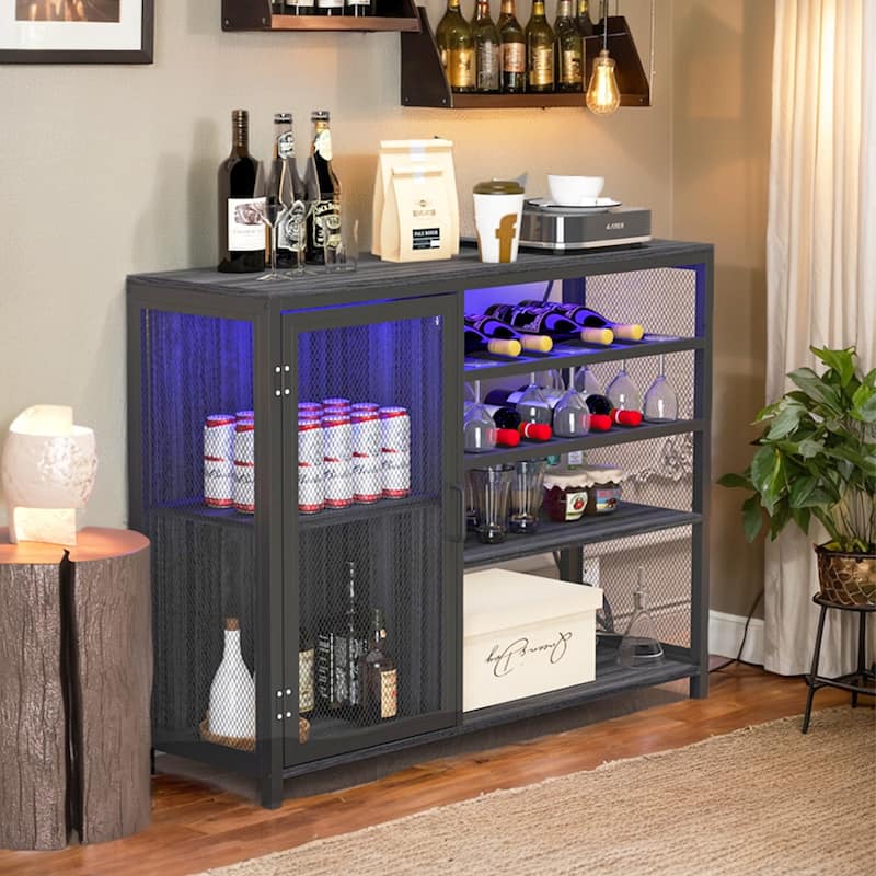 Modern Bar Sideboard Buffet Storage Cabinet with LED Lights and USB Socket, Black Wine Bar Cabinet - 43.31In*13.78in*32.87in
