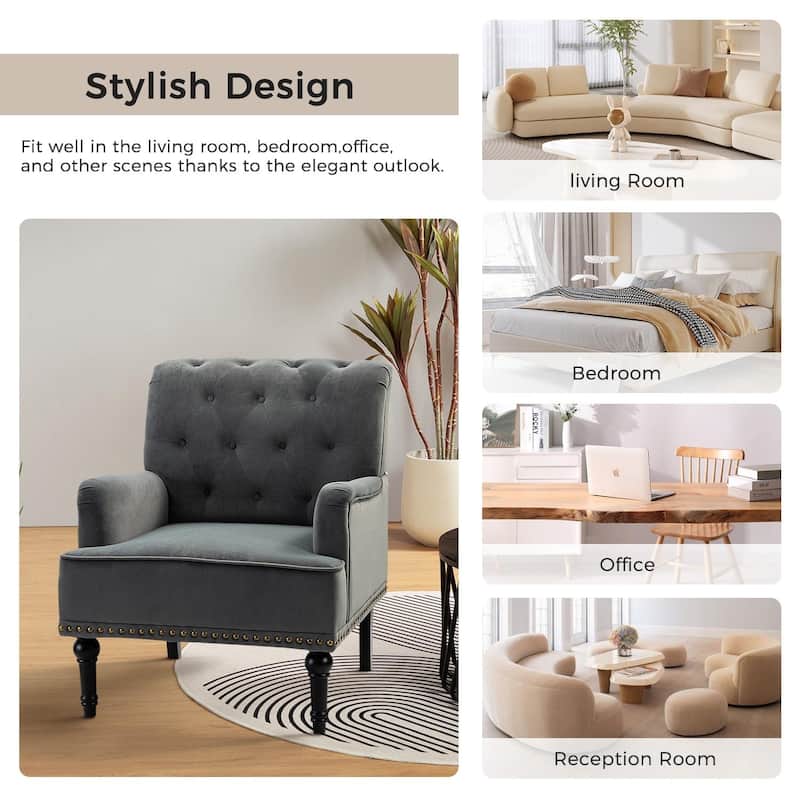 Geltrude Transitional Upholstered Button Tufted Club Chair with turned wooden Legs by HULALA HOME - GREY
