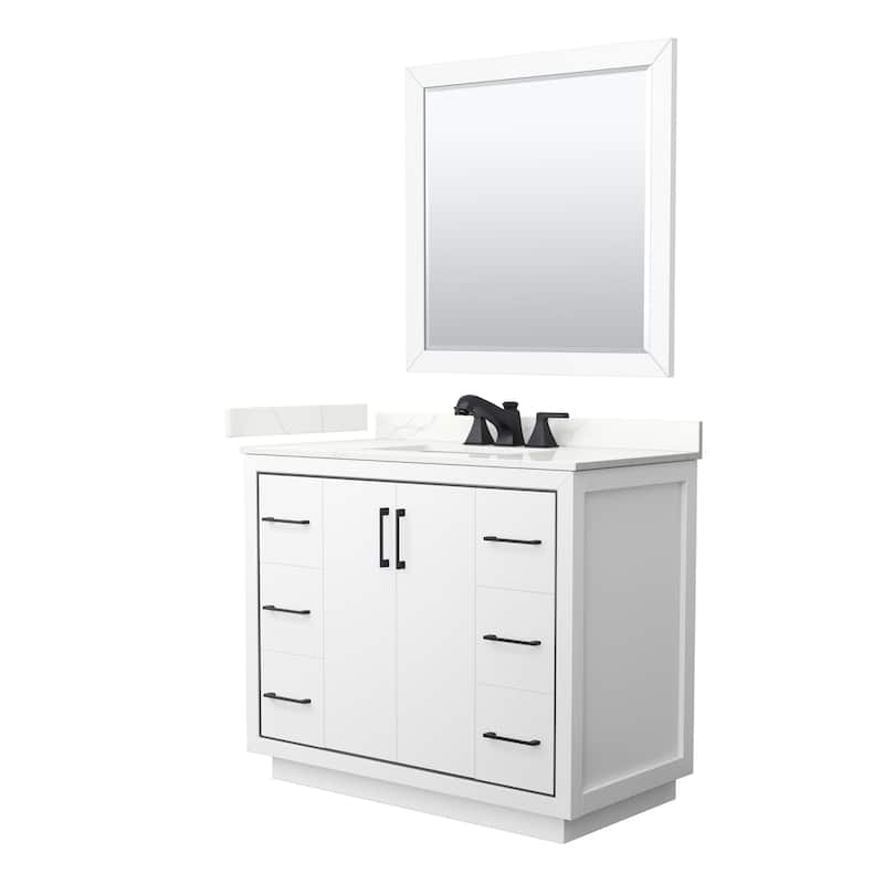 Icon 42-inch Single Vanity, Quartz Top, 34-inch Mirror - White, Black Trim, Giotto Quartz Top