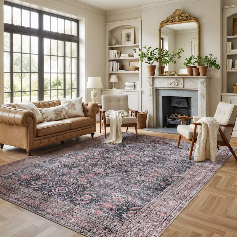 World Rug Gallery Vintage Inspired Machine Washable Non Slip Area Rug - 7'7" x 9'6" - Charcoal - Rectangle