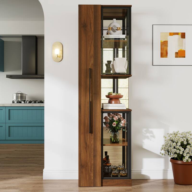 70" Display Cabinet with Glass Doors and Lights, with multi-functional pull-out multi-tier storage shelf