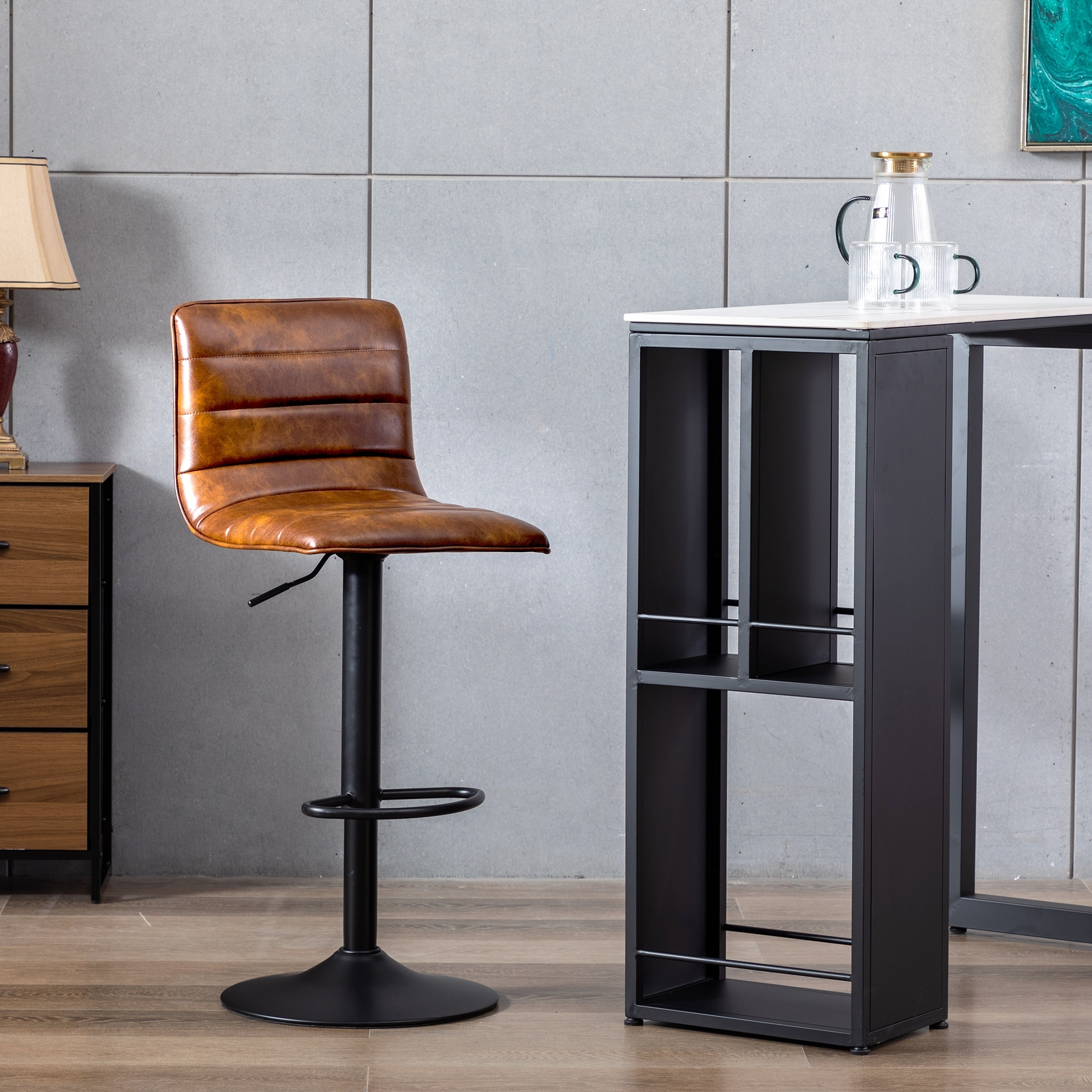 Horizontal Stitched Swivel Adjustable Height Faux Leather Bar Stool