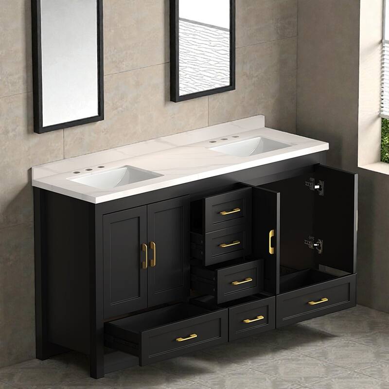 60" Black Bathroom Vanity Cabinet with 4 Soft-Close Doors and 5 Drawers, MDF Storage Vanity, Transitional Style