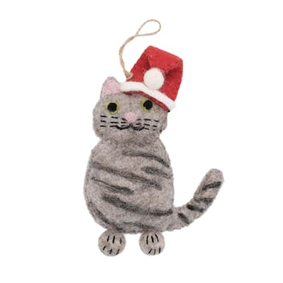 Handmade Felt Grey Tabby Santa Cat Felt Ornament