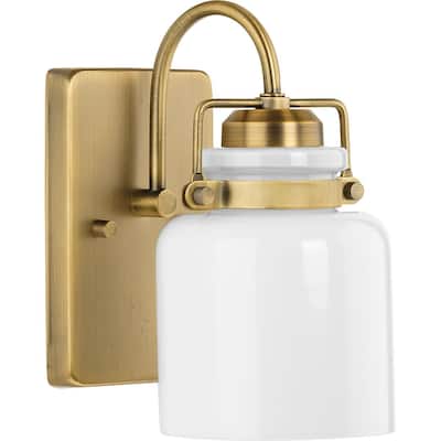 Fessler Collection One-Light Vintage Brass Opal Glass Farmhouse Bath Light - 5 in x 7 in x 9 in