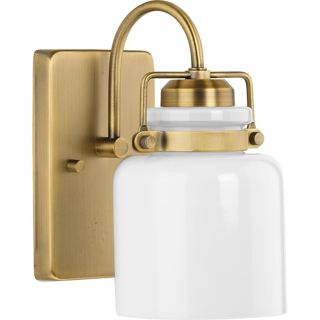 Fessler Collection One-Light Vintage Brass Opal Glass Farmhouse Bath Light - 5 in x 7 in x 9 in